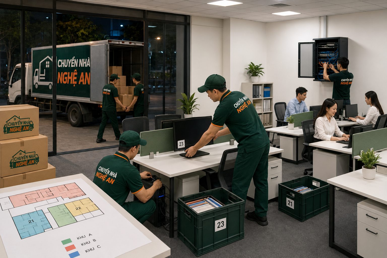 Chuyển văn phòng ngoài giờ và lắp đặt lại nhanh chóng để không gián đoạn công việc