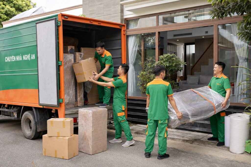Nhân viên khuân vác đồ nội thất lên xe tải