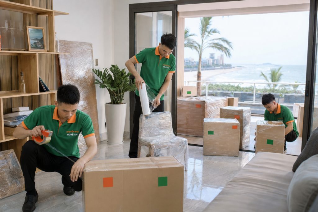 Nhân viên Chuyển Nhà Nghệ An đóng gói và vận chuyển đồ đạc khi chuyển nhà phường Cửa Lò
