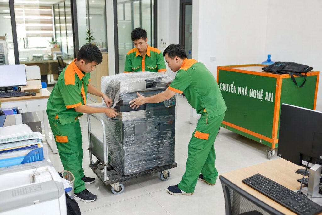Nhân viên đóng gói thiết bị văn phòng khi chuyển văn phòng tại phường Trường Vinh