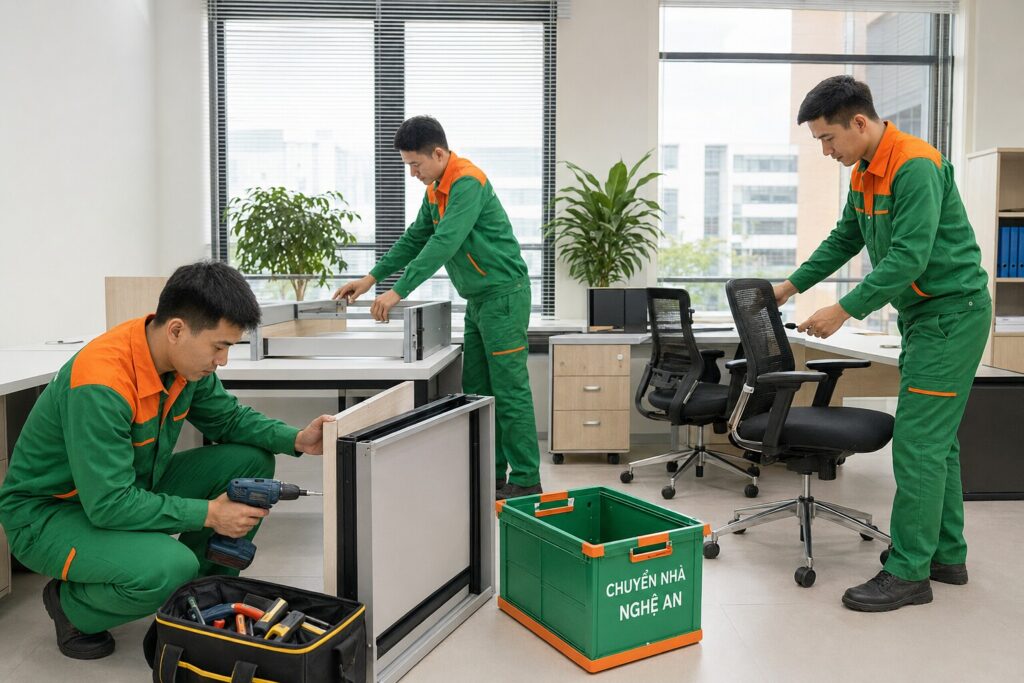 Nhân viên đóng gói thiết bị văn phòng khi chuyển văn phòng tại phường Vinh Hưng