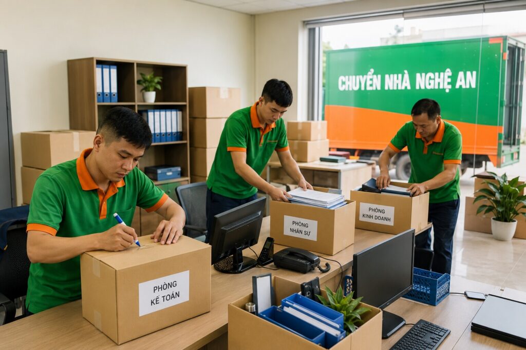 Nhân viên đóng gói thiết bị văn phòng khi chuyển văn phòng tại phường Vinh Phú