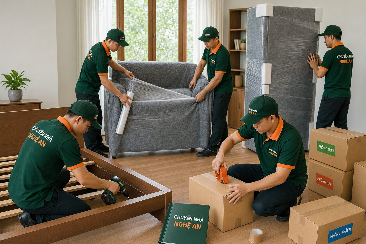 Nhân viên đóng gói, bọc lót đồ đạc và tháo lắp nội thất trước khi vận chuyển