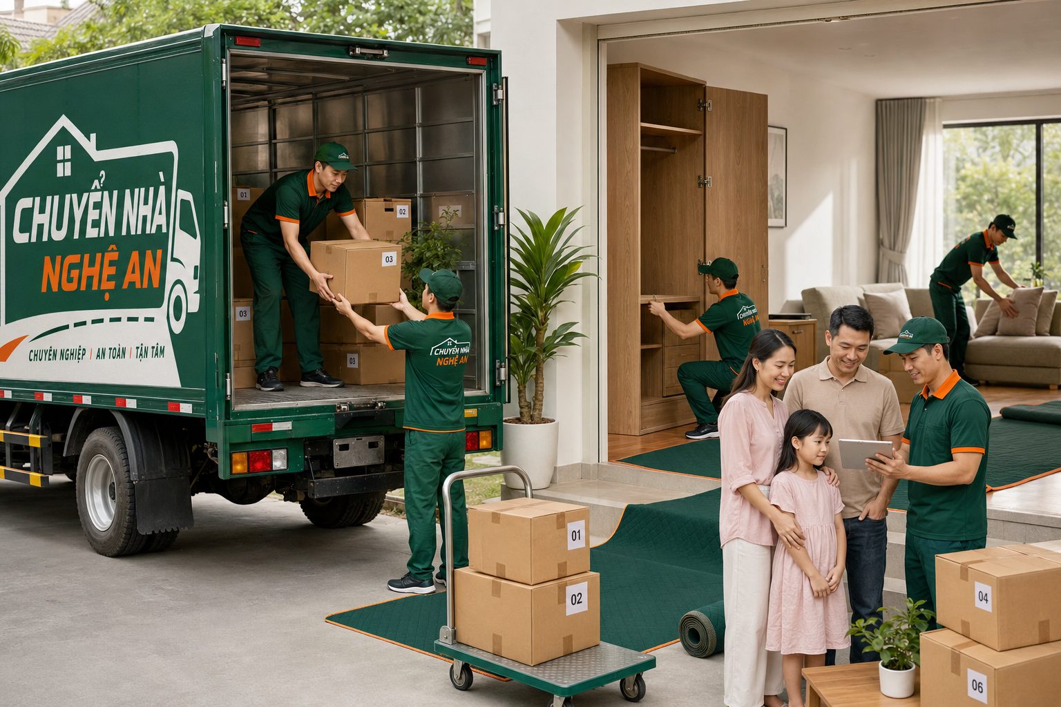 Đội ngũ vận chuyển bàn giao đồ đạc và sắp xếp lại tại nhà mới cho khách hàng