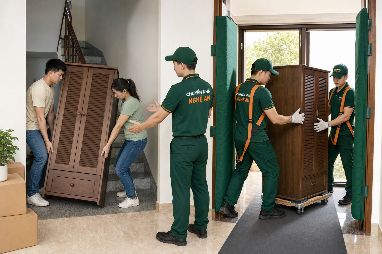 So sánh cách bê tủ đồ nặng: tự khiêng không đúng kỹ thuật và có dụng cụ hỗ trợ chuyên nghiệp
